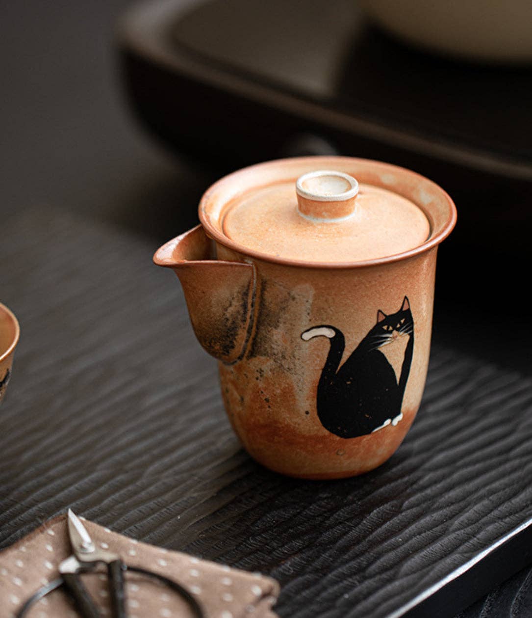 Gohobi Handmade Black Ink Hand-Painted Cat Gaiwan Teapot