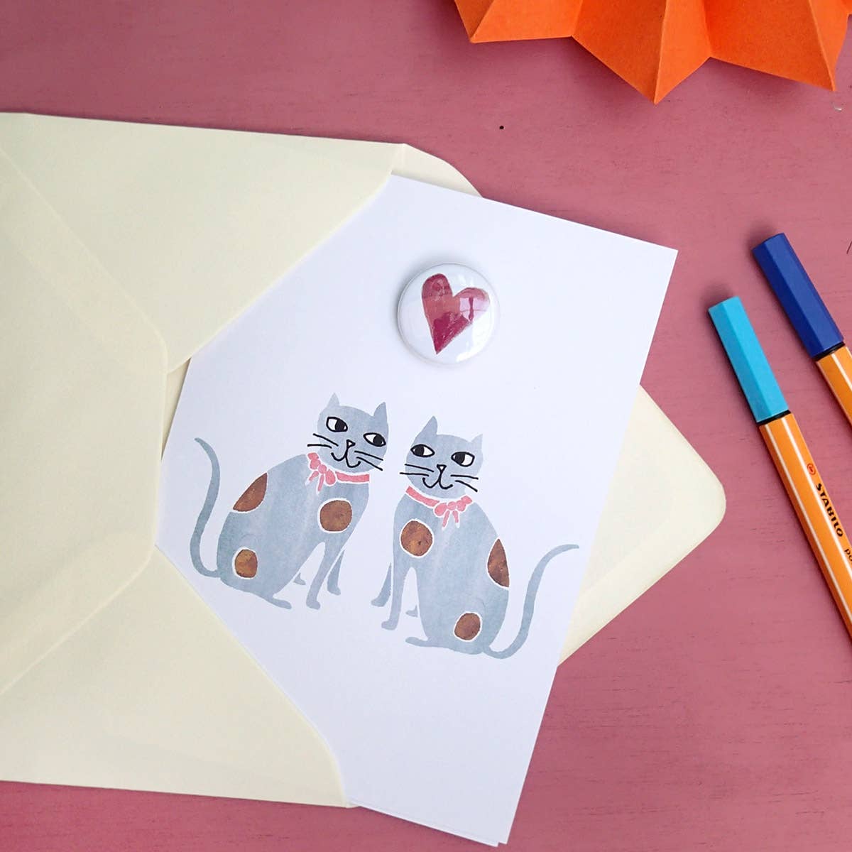 Staffordshire Heart Cats - Greeting Card With Badge