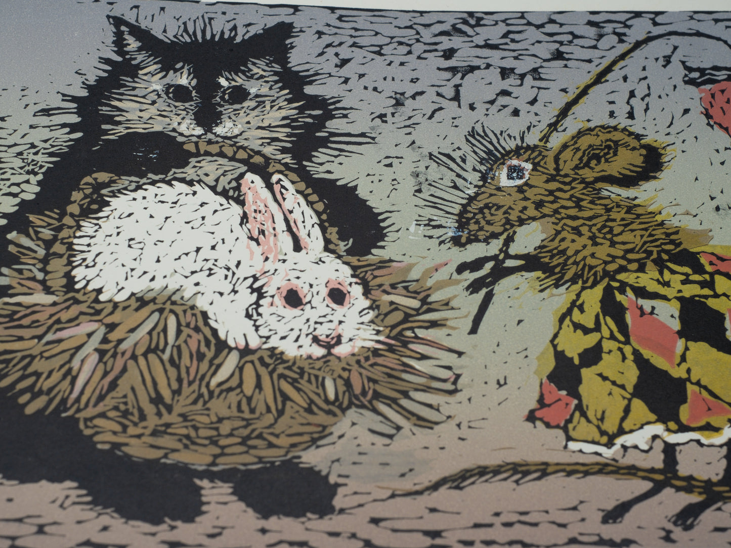 Vintage Soviet Linocut – Cat, Mouse & Bunny