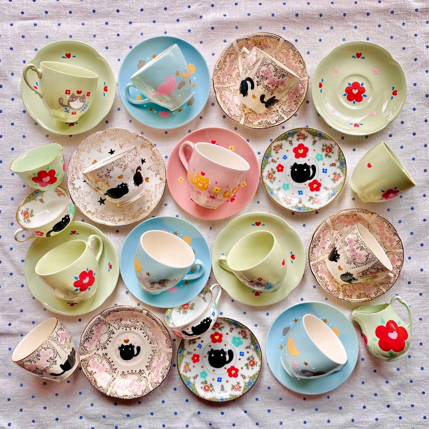 Painted Vintage Cups and Saucers - Red and Blue Cats and Flowers