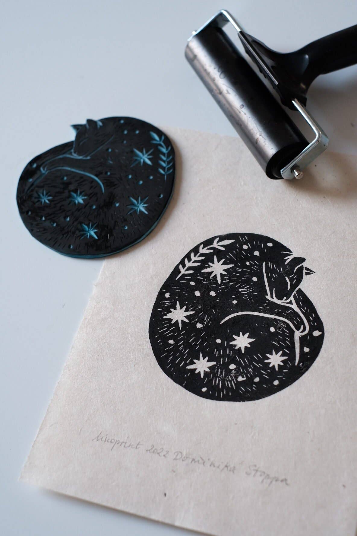 Dreamy Cat - Linocut Print