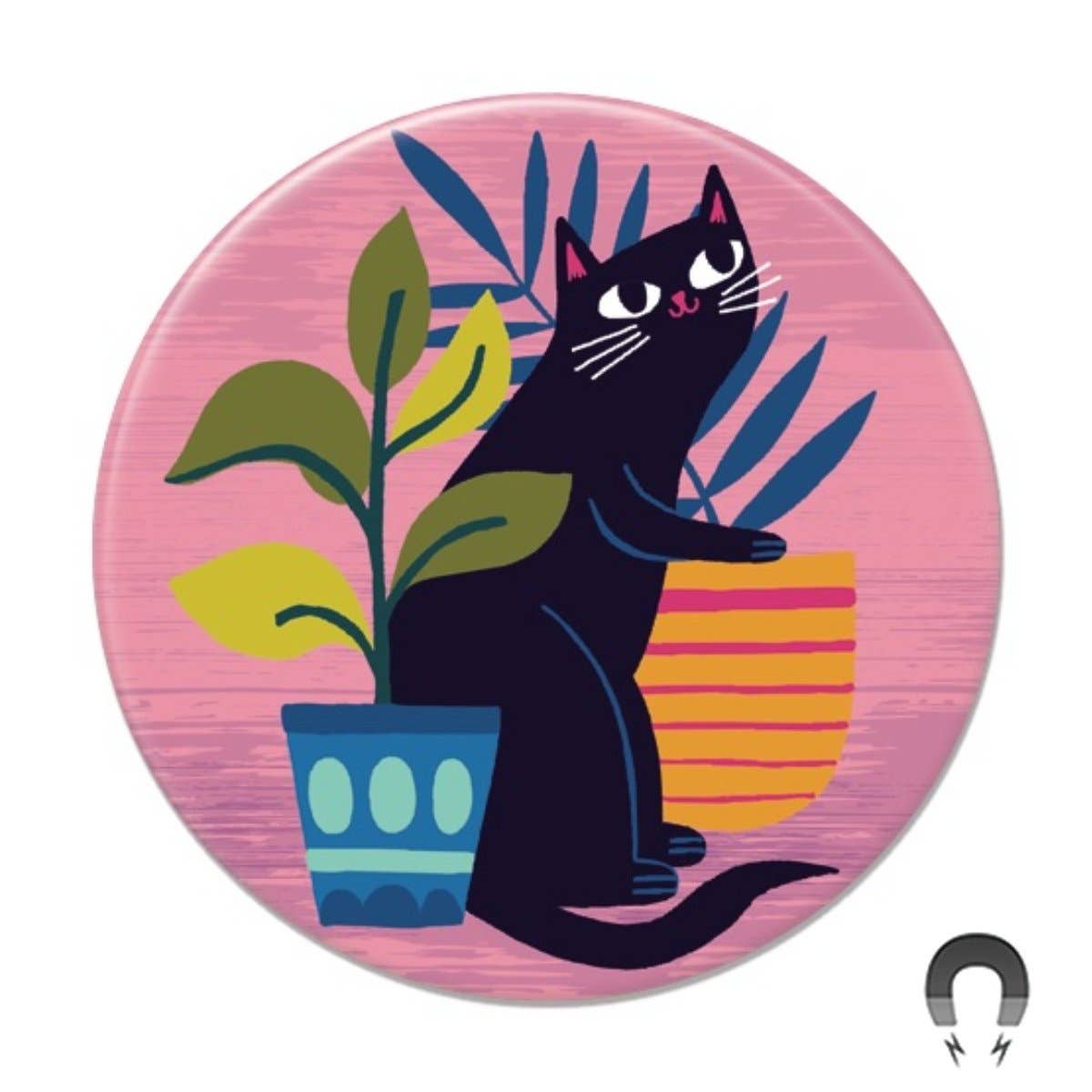 Black Cat With Plants Fridge Magnet