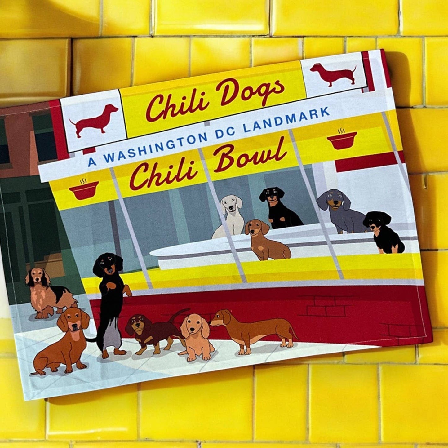 Washington DC Dachshund Chili Dogs at Chili Bowl Tea Towel