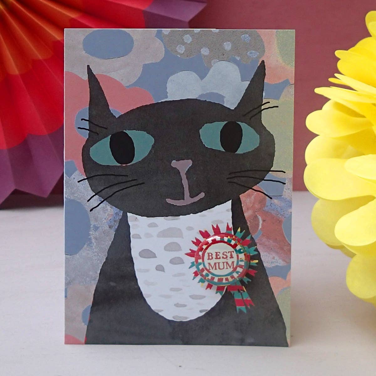 Best Mum - Cat Greeting Card With Badge