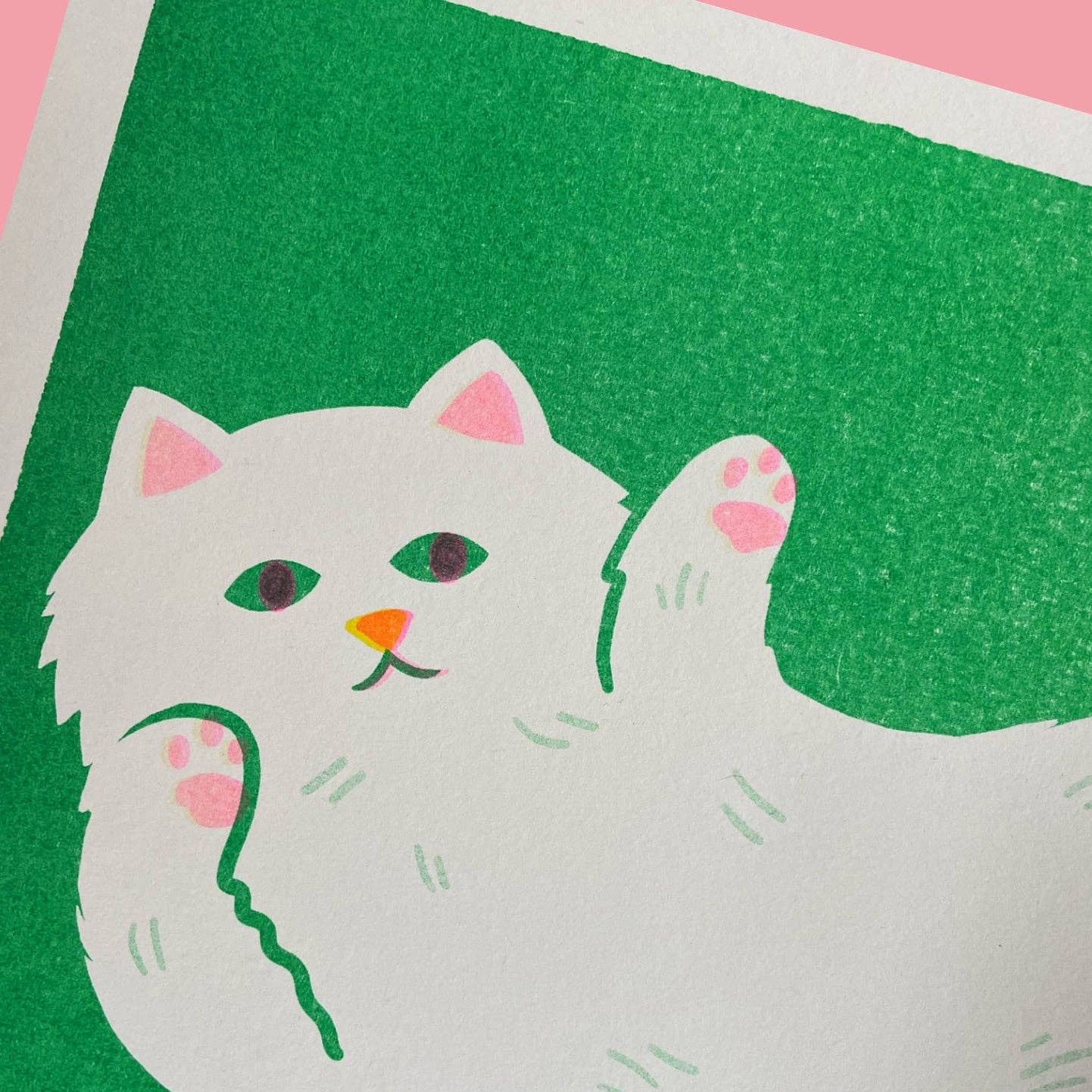 Stretching White Cat Print