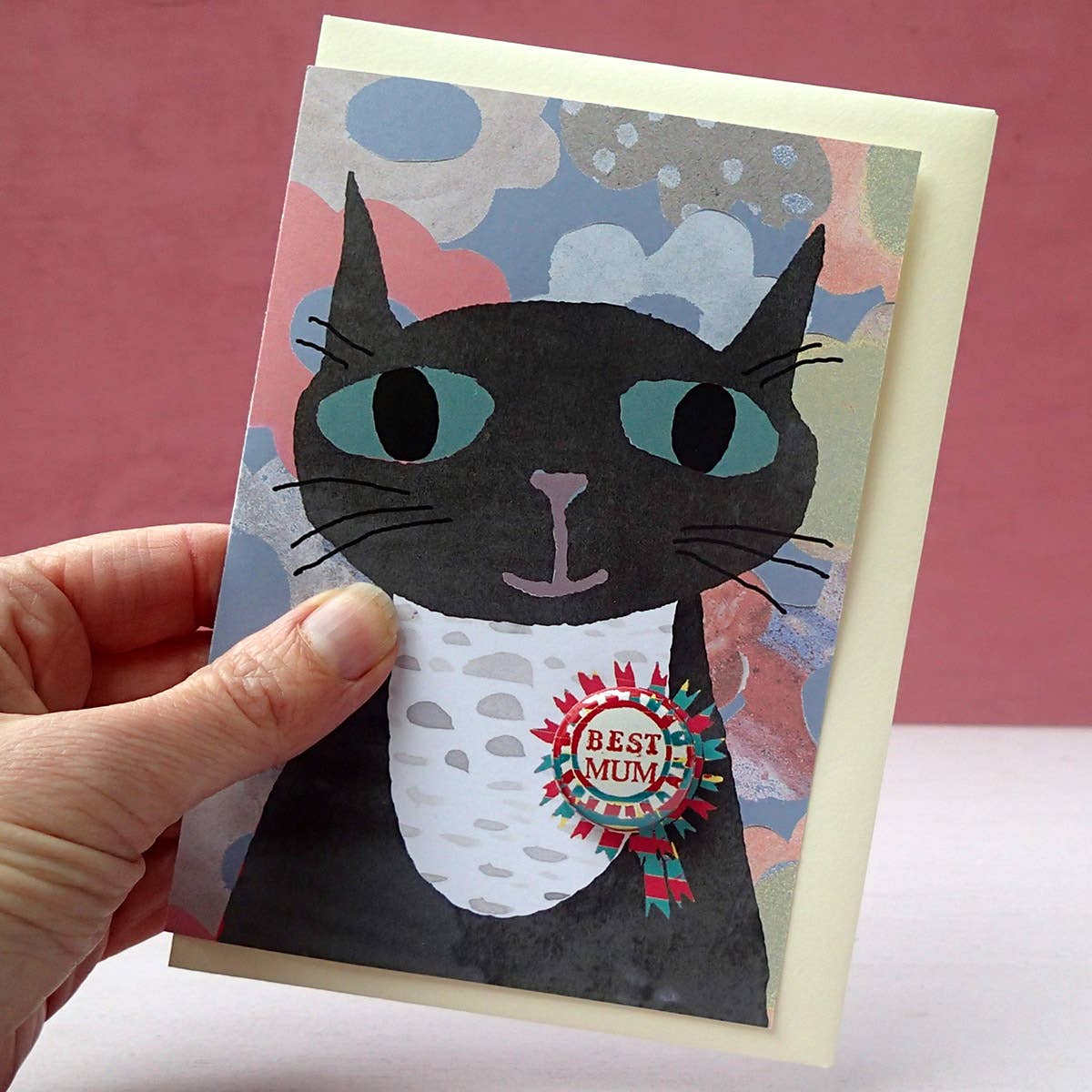 Best Mum - Cat Greeting Card With Badge