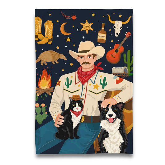 Lone Star Cowboy with Tuxedo Cat & Border Collie Tea Towel
