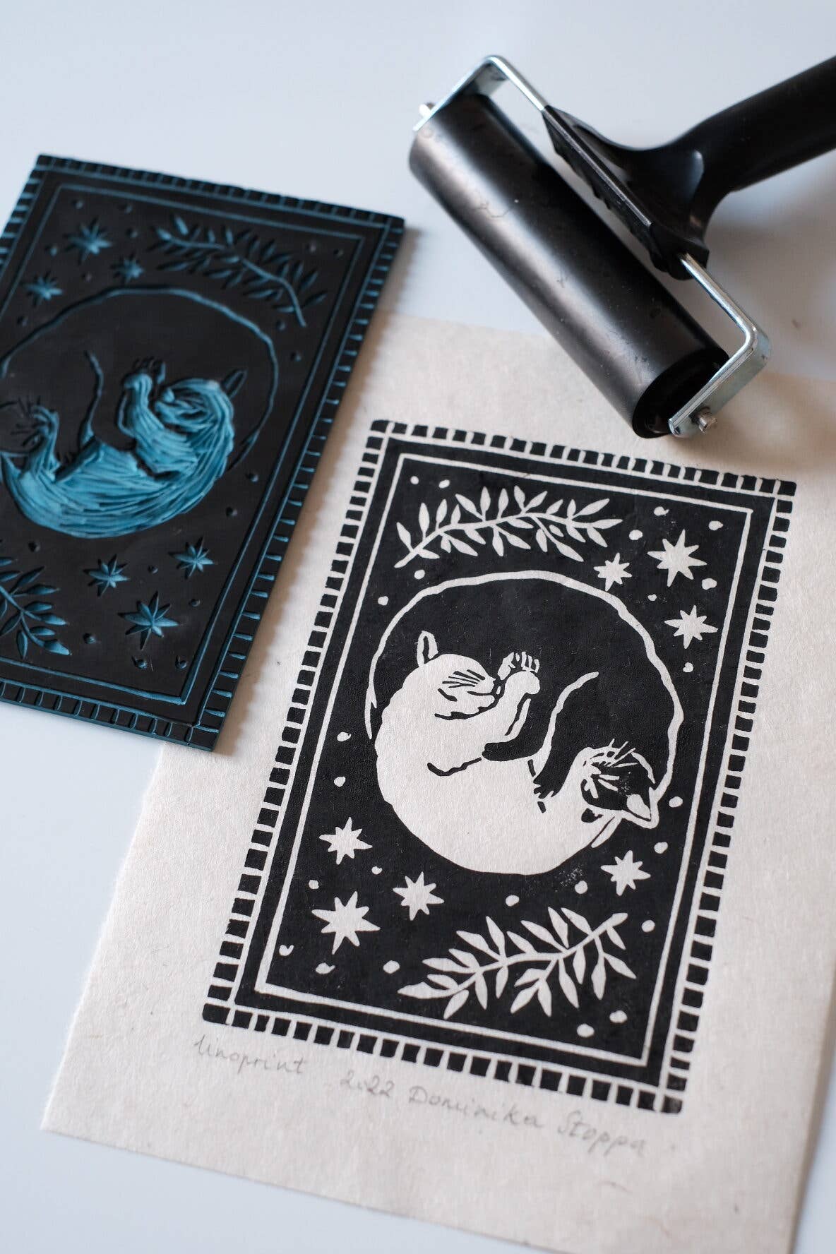 Yin & Yang Cats - Linocut Print