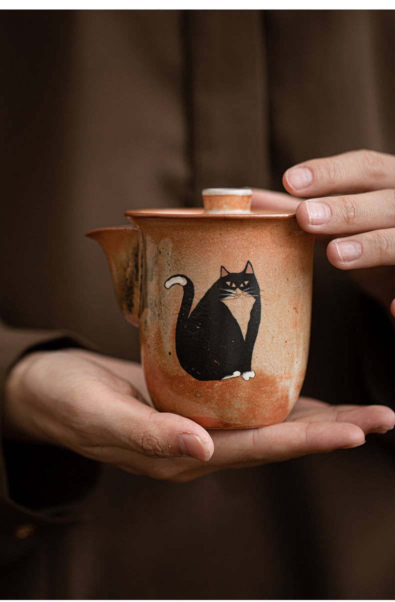 Gohobi Handmade Black Ink Hand-Painted Cat Gaiwan Teapot