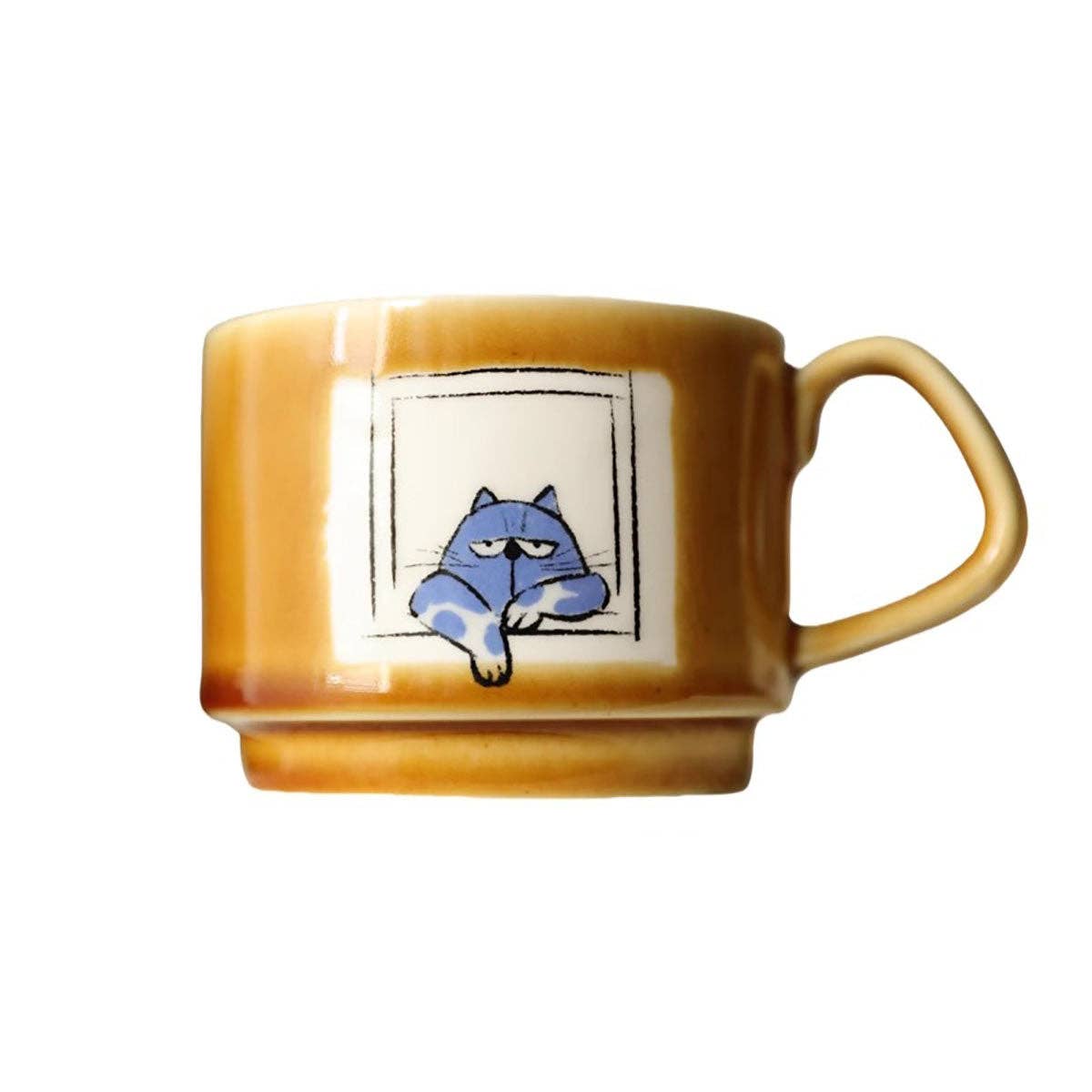 Ceramic coffee mug with cat illustration