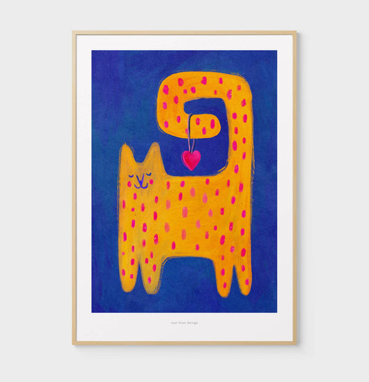 Yellow Cat with Heart - A4 Cute Illustration Print