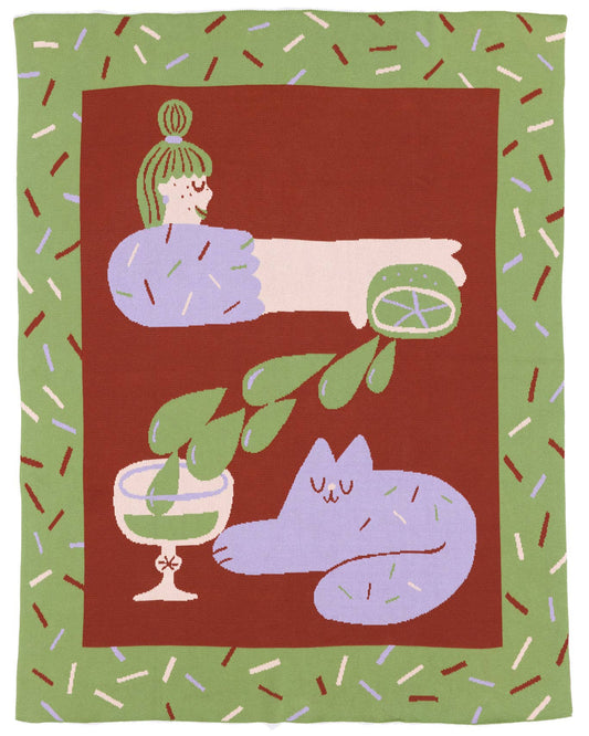 Cocktail Cat - Cotton Knit Throw Blanket