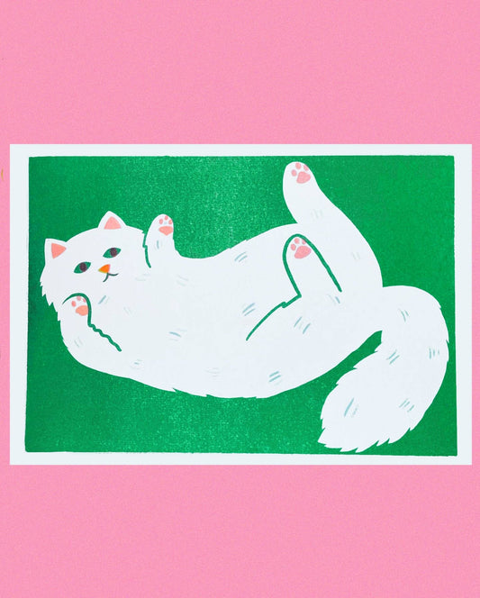 Stretching White Cat Print