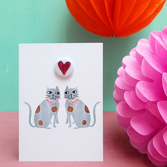 Staffordshire Heart Cats - Greeting Card With Badge