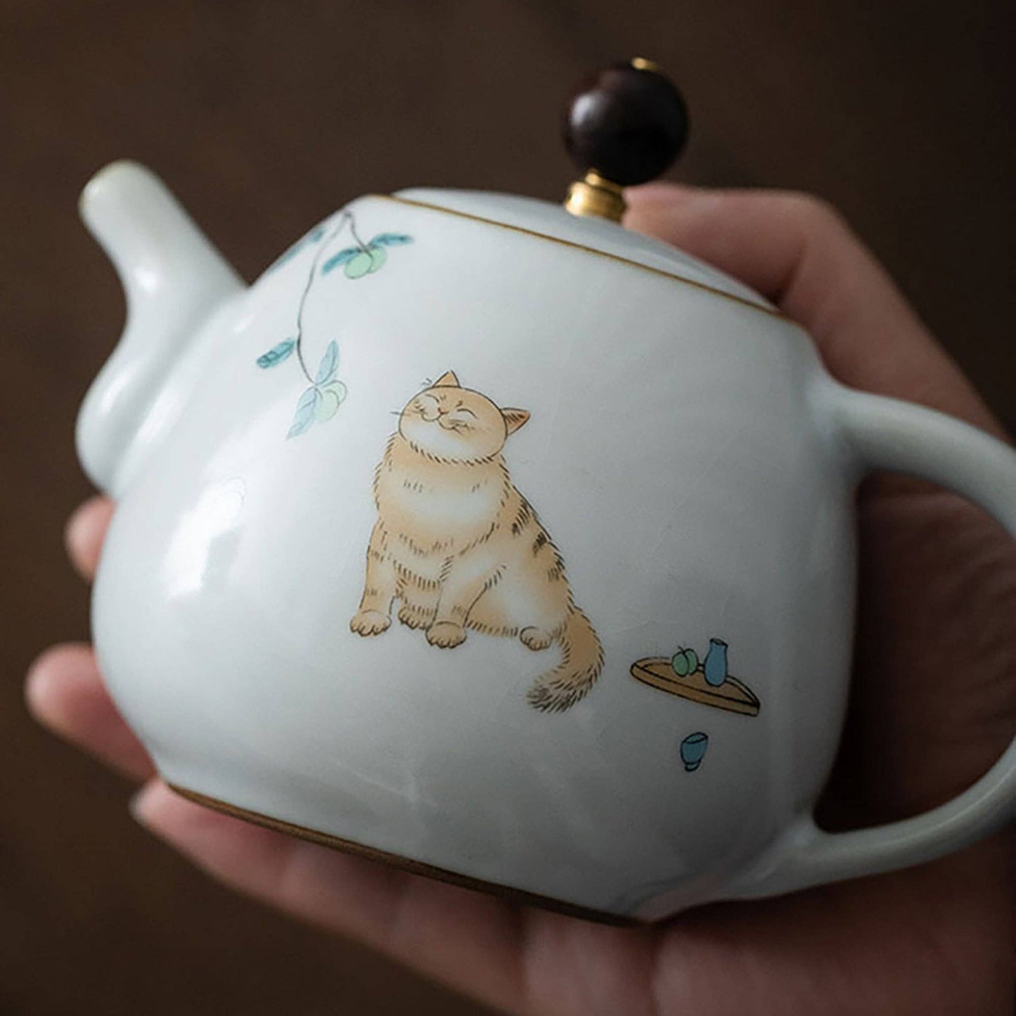 Ru porcelain teapot with hand-drawn cat pattern