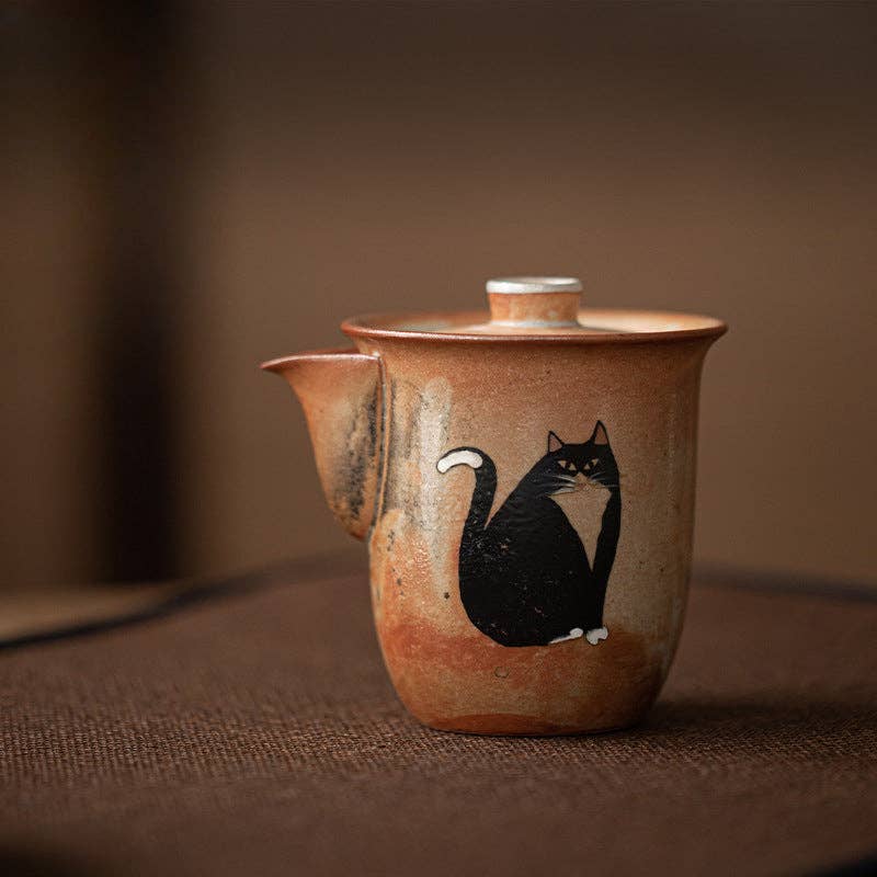 Gohobi Handmade Black Ink Hand-Painted Cat Gaiwan Teapot