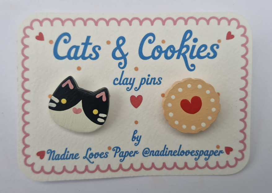 Cats and Cookies - Black and White Clay Pin
