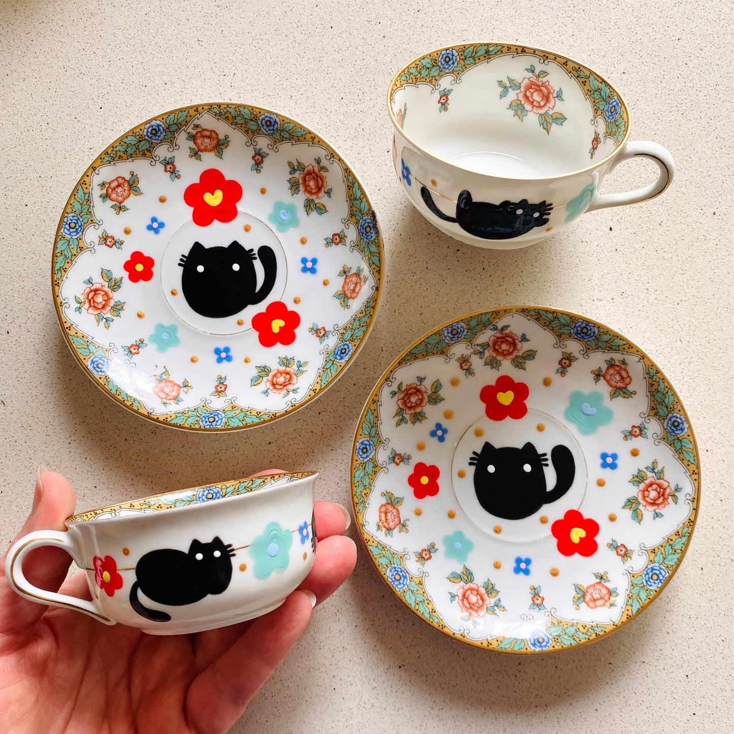 Painted Vintage Cups and Saucers - Red and Blue Cats and Flowers