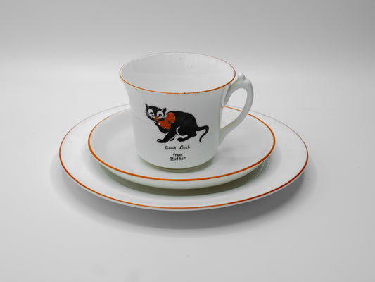 Vintage Arcadian “Good Luck” Black Cat Cup, Saucer & Plate (c.1910–1930)