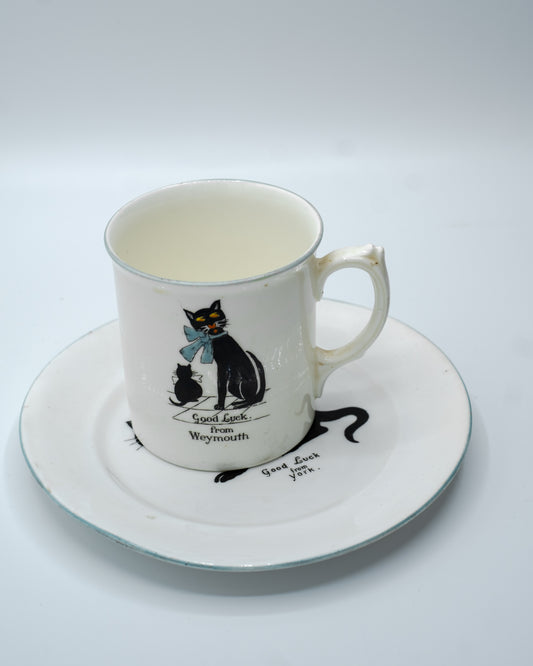 Vintage Arcadian “Good Luck” Black Cat, Saucer & Plate (c.1910–1930)
