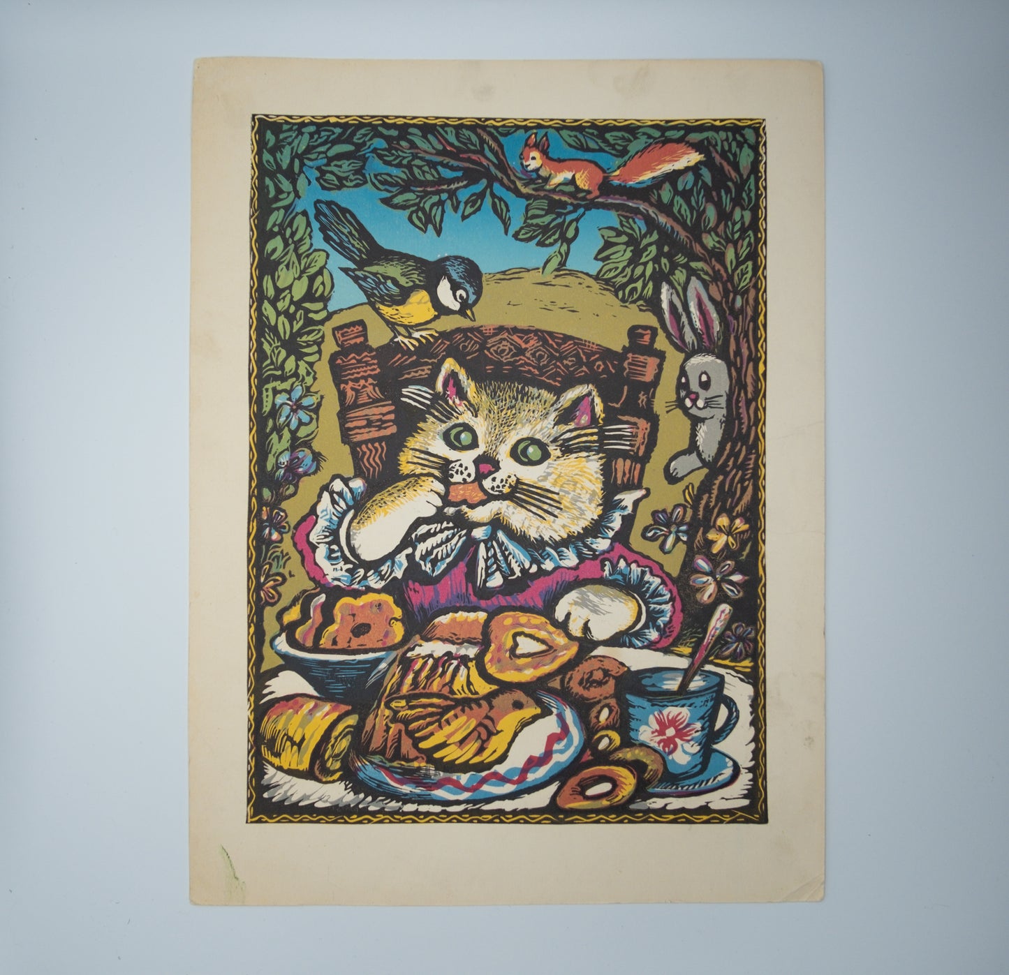 Vintage Soviet Linocut – Woodland Picnic