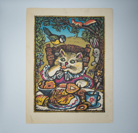 Vintage Soviet Linocut – Woodland Picnic