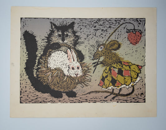 Vintage Soviet Linocut – Cat, Mouse & Bunny