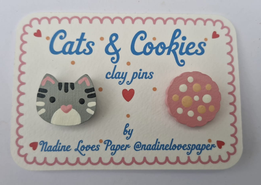 Cats and Cookies - Grey Cat Clay Pin