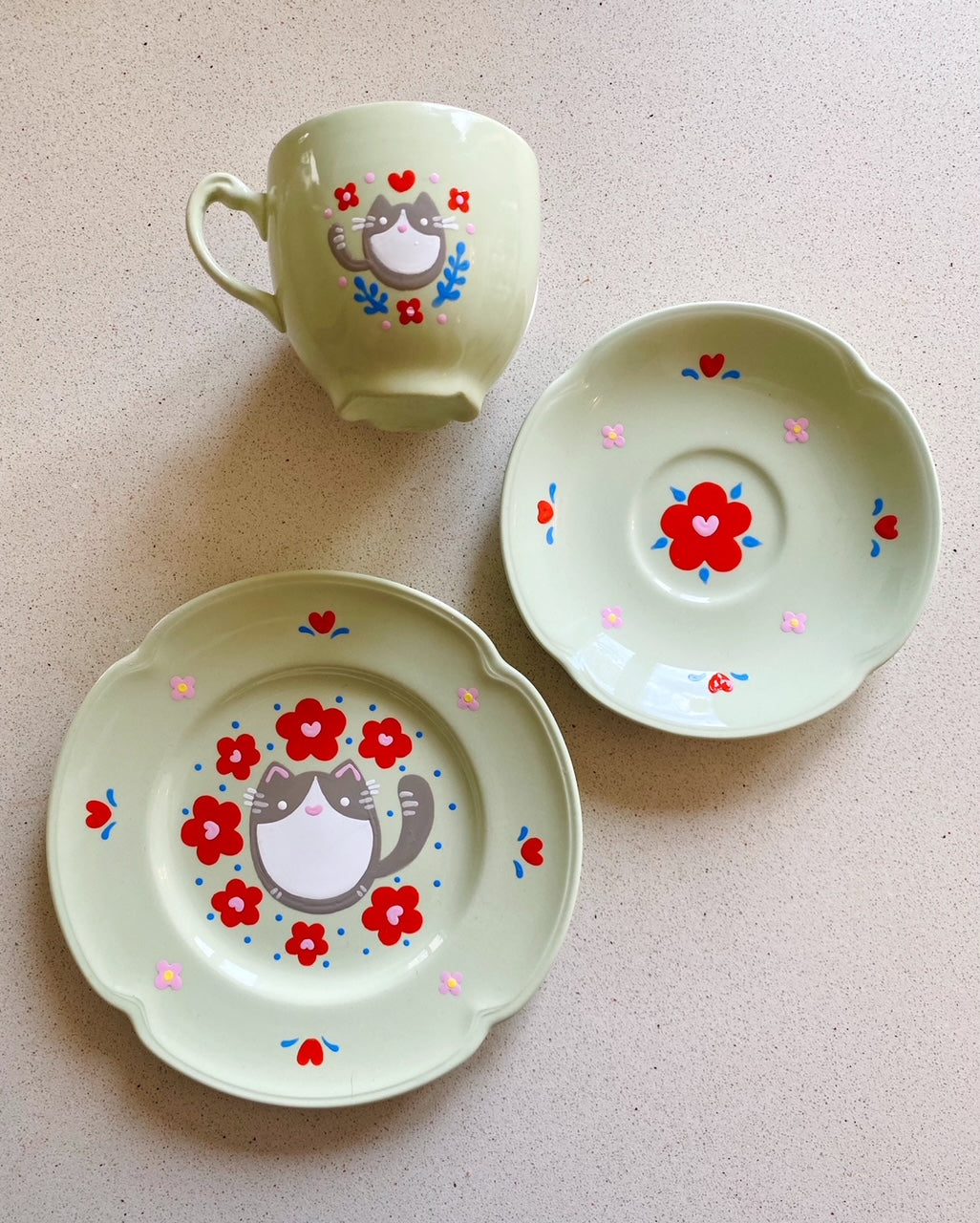 Painted Vintage Cup, Saucer and Plate Set - Green Cats and Flowers