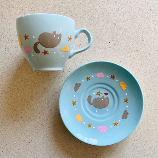 Painted Vintage Cups and Saucers - Blue Cats and Clouds