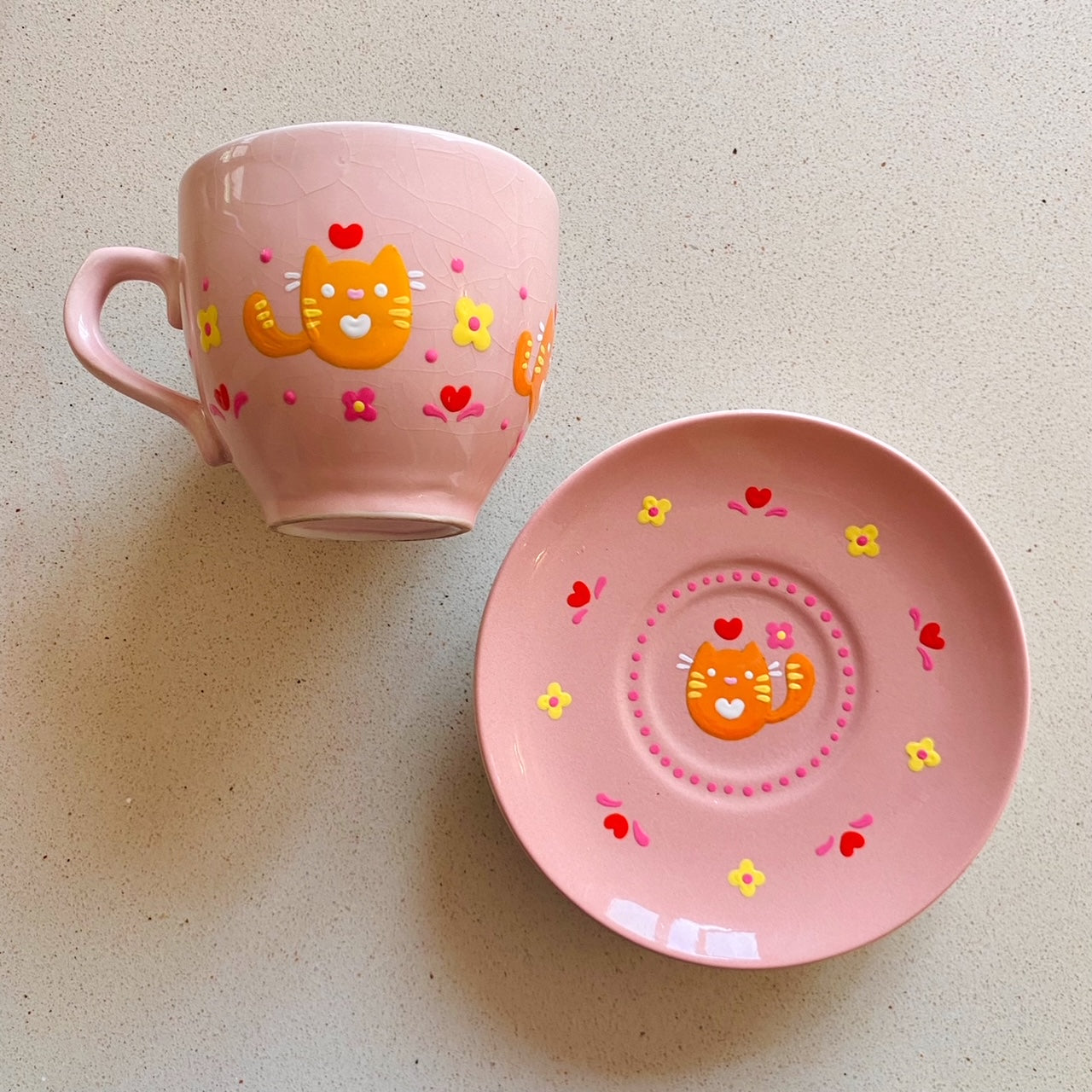 Painted Vintage Cups and Saucers - Pink Cats and Flowers