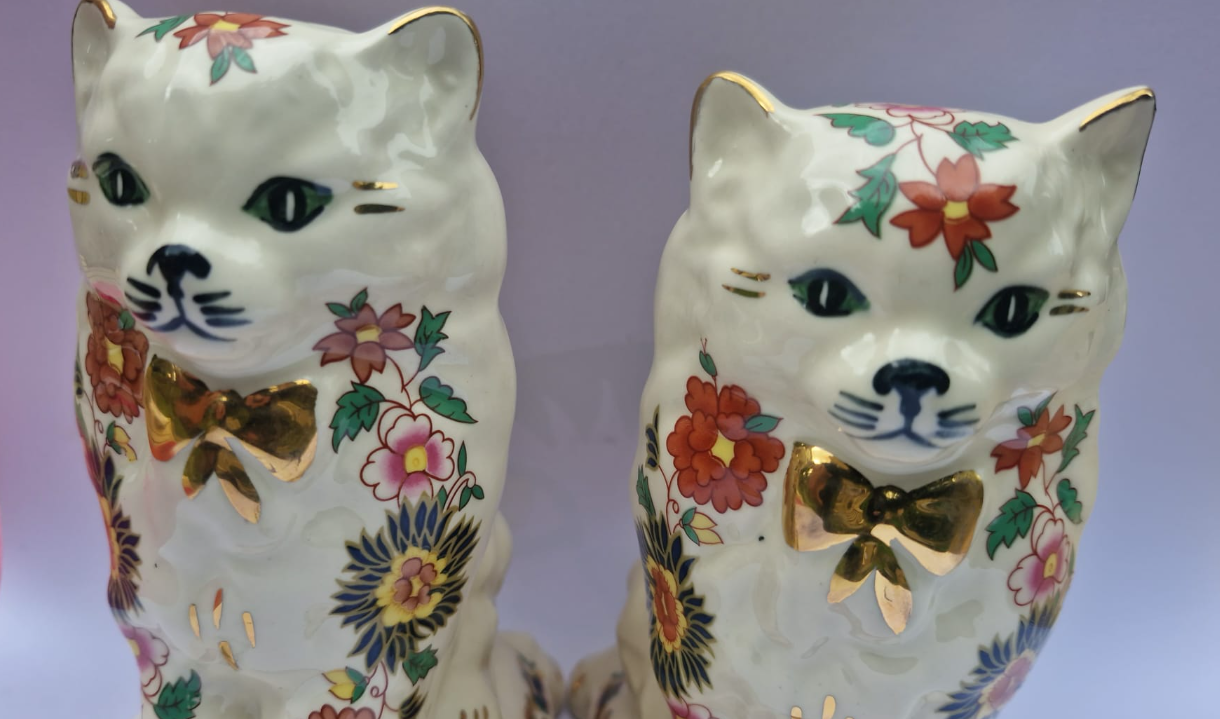 Pair of Vintage Japanese Style Porcelain Cat Figurines