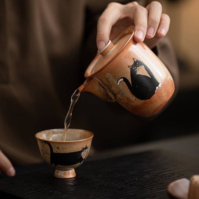 Gohobi Handmade Black Ink Hand-Painted Cat Gaiwan Teapot
