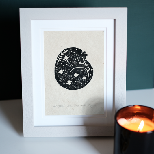 Dreamy Cat - Linocut Print