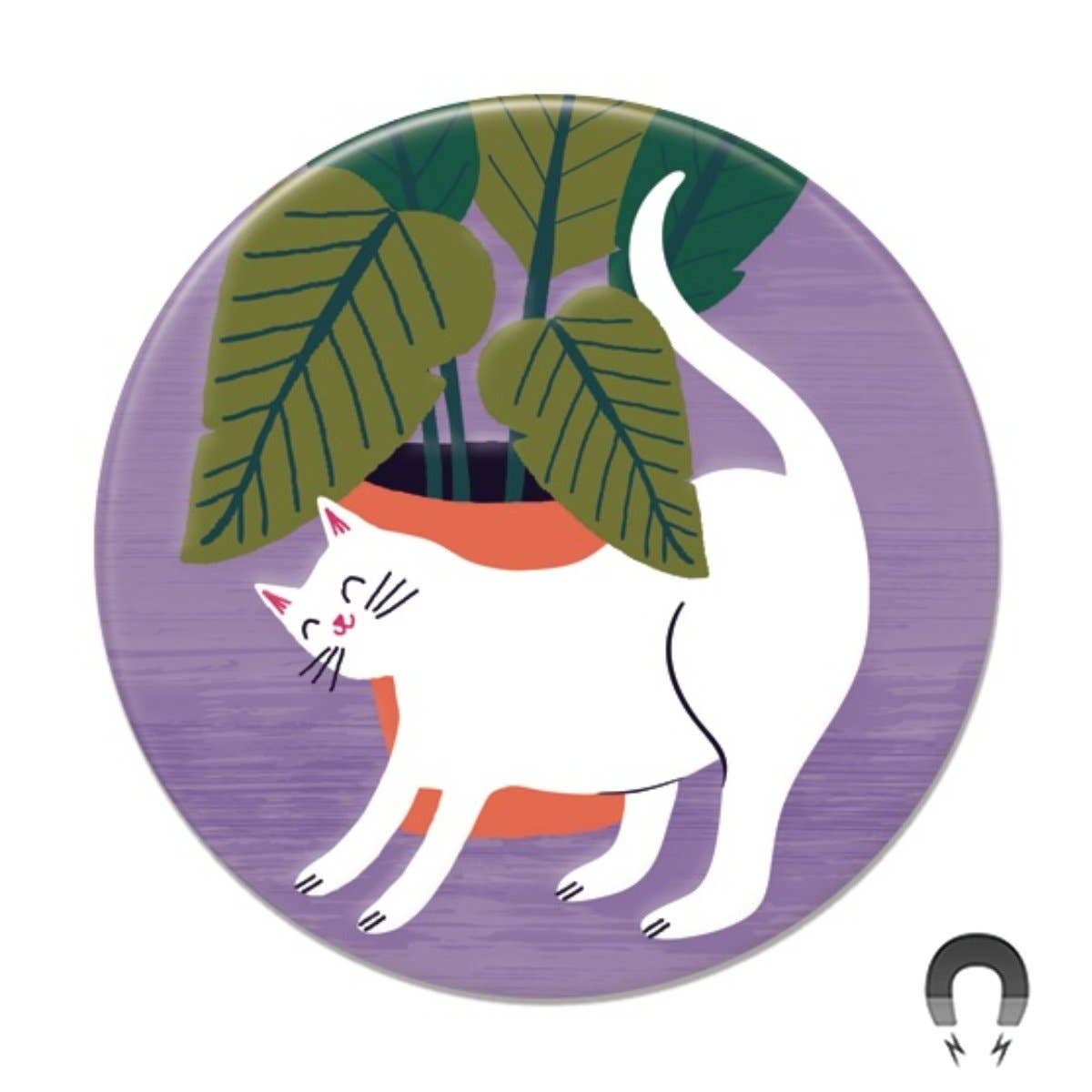 White Cat With Plant Fridge Magnet