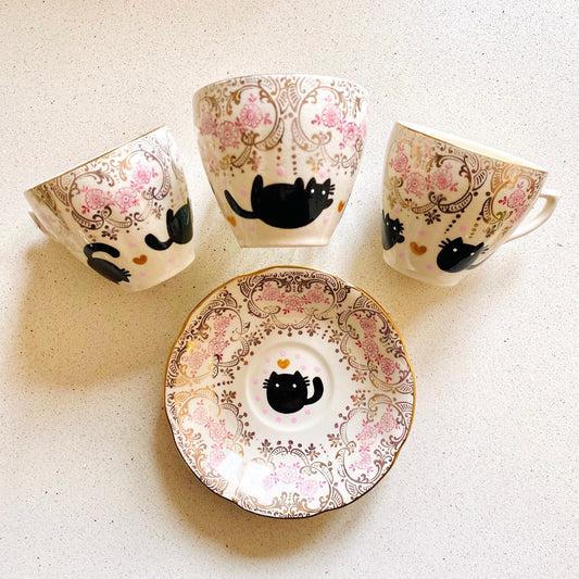 Painted Vintage Cups and Saucers - Black and Gold